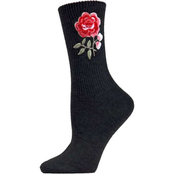 Memoi Accessories - NEW MeMoi Women Embroidered Rose Path Black Floral Above Ankle Crew Socks